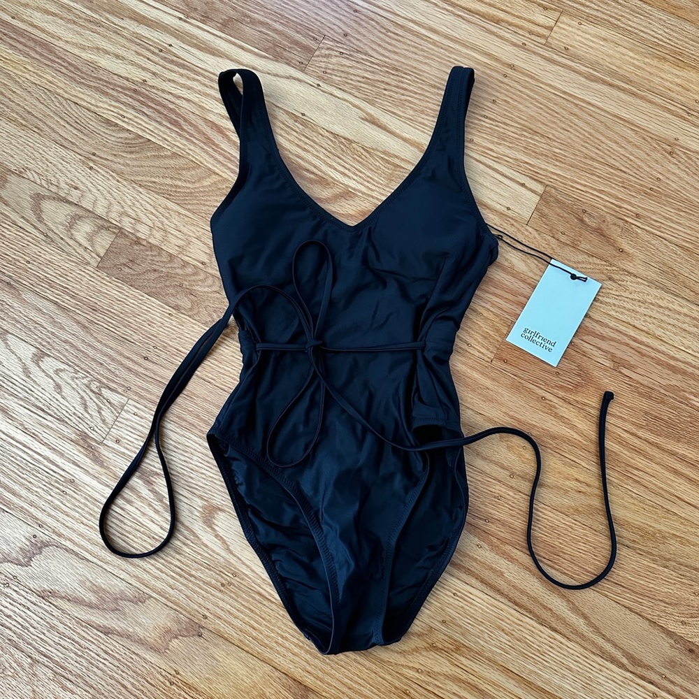 Girlfriend Collective Black Isla Wrap Tie One Piece in size S. Never worn!